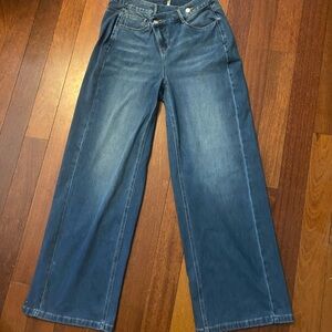 Halara Flex Asymmetric High Waisted Washed Casual Baggy Jeans with Pockets